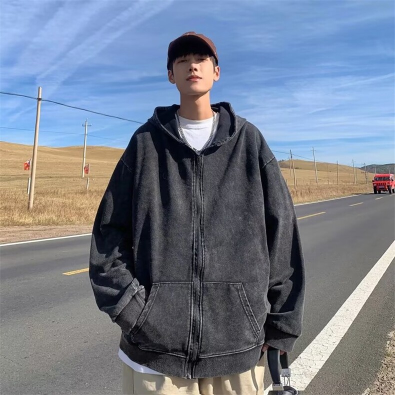 水洗做旧开衫卫衣男潮牌痞帅连帽上衣春秋季宽松拉链外套A35/P62图片