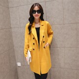 时尚显瘦黄色双排扣长款风衣外套女秋冬季新款气质百搭毛呢大衣，女装风衣，深水步