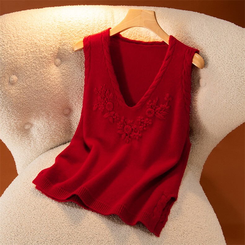 2026年秋季时尚百搭通勤简约休闲红色V领手工绣花马甲，女装马甲，盛世绒华