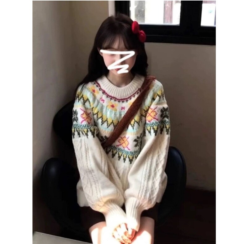 费尔岛毛衣秋冬女宽松慵懒高级感民族风重工提花圆领套头针织衫厚,男装针织衫/毛衣,星座506A