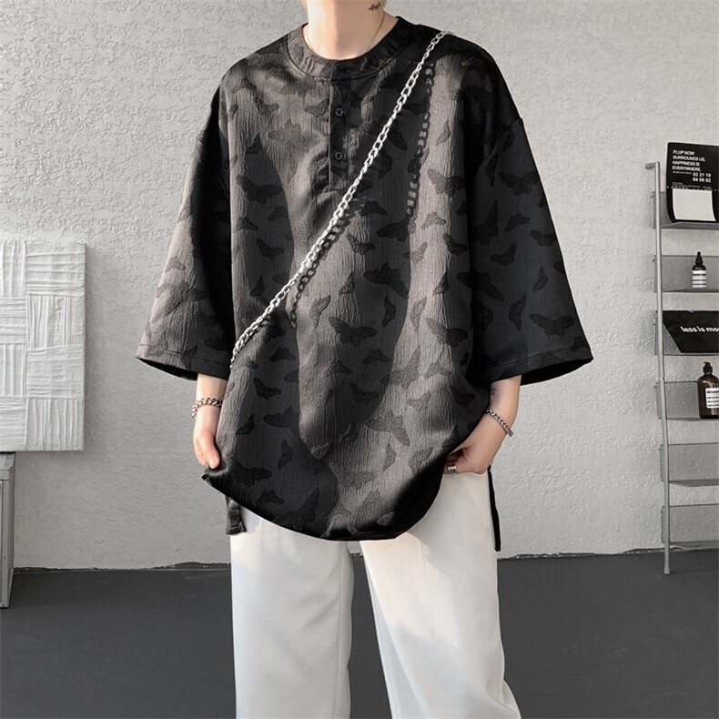 8XL-M风蝴蝶t恤大码唐装新中式七分袖棉麻冰丝短袖DX1208P48,男装T恤,电商B238