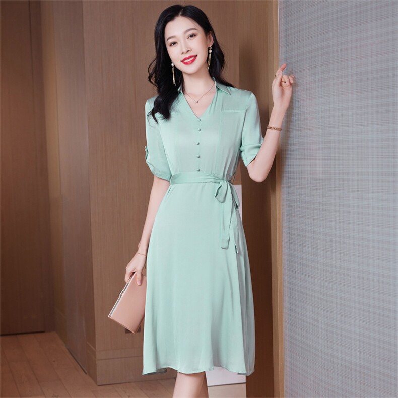 红色重磅真丝连衣裙女夏2025新款收腰显瘦高端缎面中长桑蚕丝裙子,女装连衣裙,阿舍尔精品