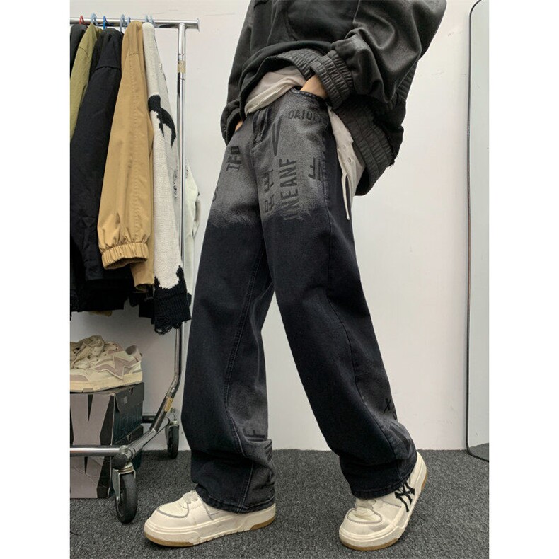 DT1693-P44牛仔裤男直筒宽松设计感裤子潮牌高街时尚痞帅炸街阔腿图片