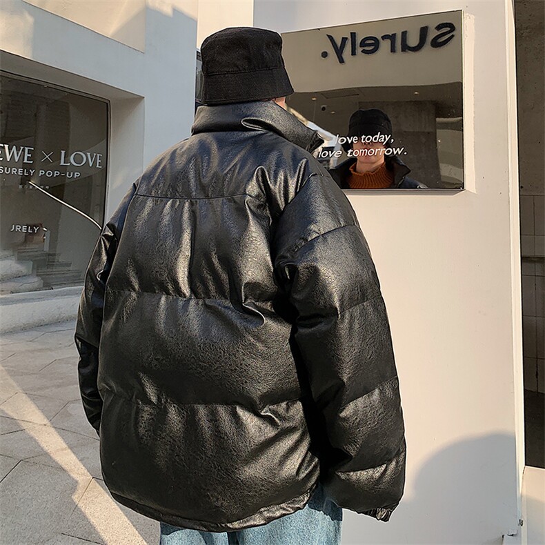 港风冬款PU皮加厚面包服韩版宽松大码立领情侣棉衣棉服M01图片