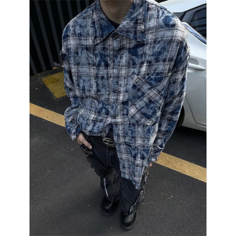 秋冬季文艺扎染痞帅格子长袖宽松型衬衫-CS051-网络图,男装衬衫,星座1002-2