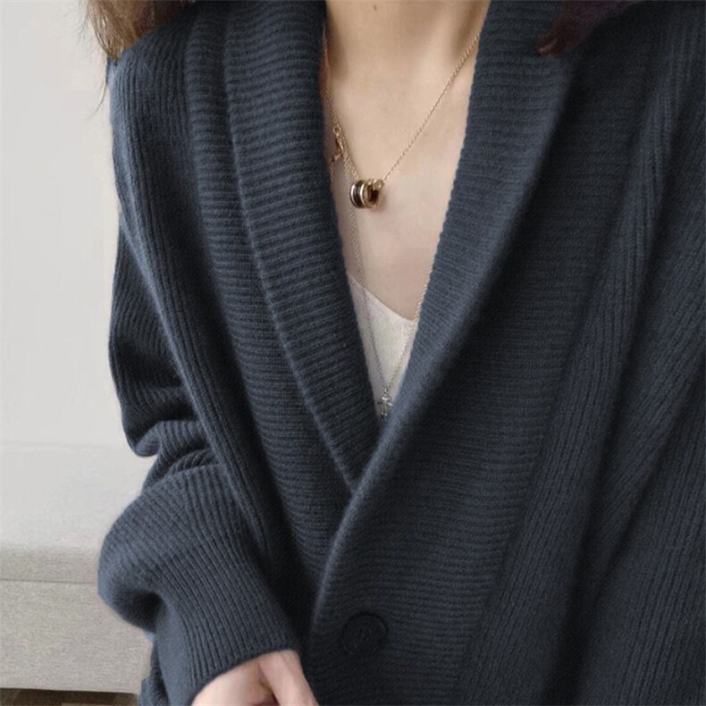 设计款小众慵懒风针织开衫女秋冬翻领宽松毛衣外套羊毛上衣，女装羊毛衫，唯若美羊绒