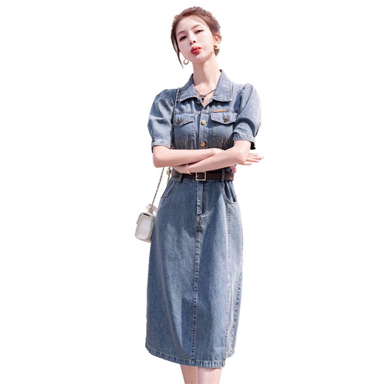 复古牛仔布长裙连衣裙女2025年夏季新款法式高级感小个子连身裙子,女装连衣裙,瑶迪依秀