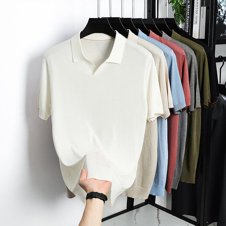 短袖t恤男夏季新款剪刀领休闲体恤衫百搭男士上衣，男装T恤，伊雪娇羊绒