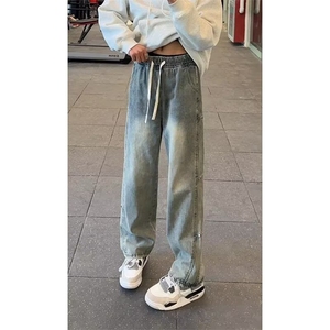 抽绳牛仔裤男美式vibe裤子男款阔腿宽松弯刀直筒微喇裤子NZA271图片