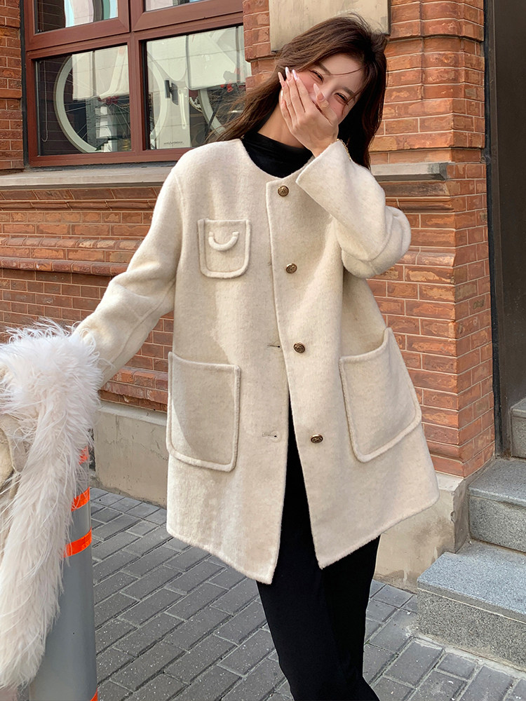 山羊绒双面呢大衣女装宽松显瘦中长款外套,女装双面呢大衣,天使之佳话