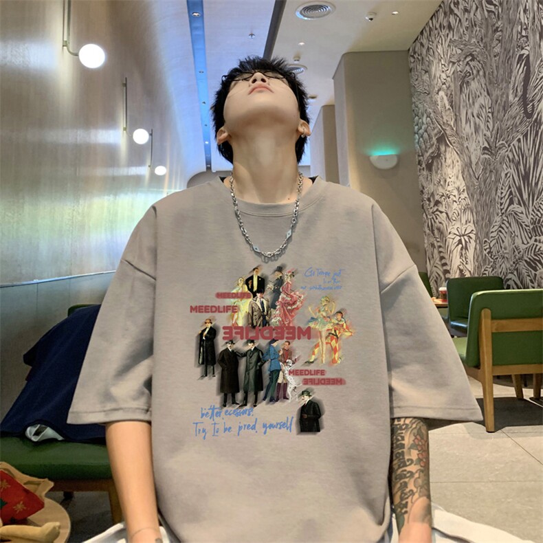 油画人物印花短袖t恤男夏季潮大码纯棉休闲日系情侣小众个性上衣,男装T恤,电商B371