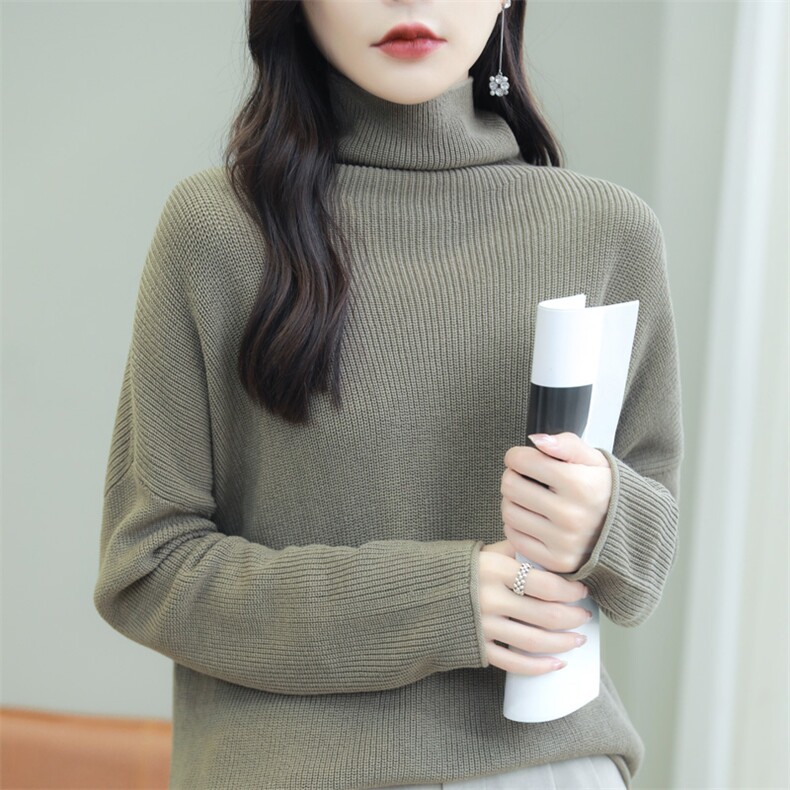 纯棉线加厚高领毛衣女纯色堆堆领长袖打底针织衫保暖全棉内搭上衣,针织衫/毛衣,品高羊绒