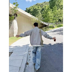 流行美式复古立领开衫拉链卫衣男春秋款灰色宽松休闲外套潮流简约，女装短外套，星座506A