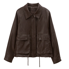 2025年秋季时尚翻领宽松型文艺减龄外套，女装皮衣，依恋蒂丝