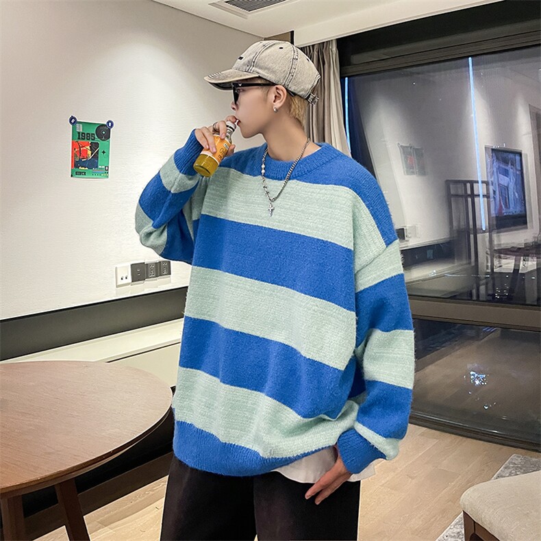 撞色毛衣男秋冬季设计感慵懒风针织外套保暖套头圆领线衣,男装针织衫/毛衣,星座716-2