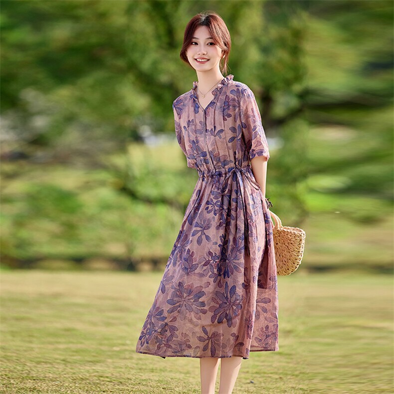 2026年夏季大摆型短袖苎麻文艺/优雅连衣裙,女装连衣裙,江南依恋