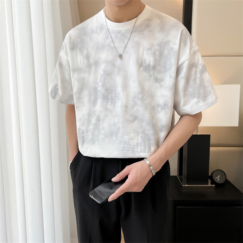 2024轻熟风复古扎染男士圆领宽松套头潮牌印花短袖T恤TX44/P55,男装T恤,电商A243