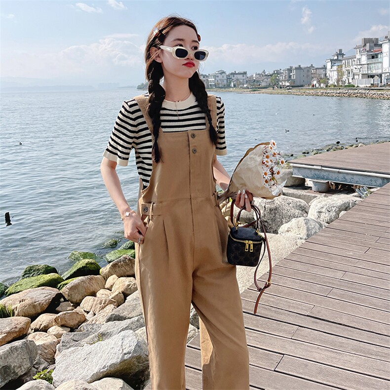 卡其色直筒工装背带裤女2023夏季新款韩版小个子高腰垂感阔腿裤子,女装连体裤,浪娴服饰