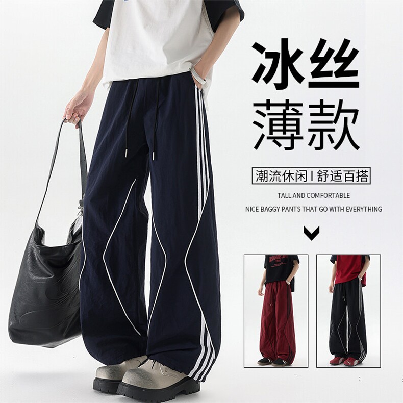 美式高街条纹裤子男夏季冰丝宽松冲锋户外工装伞兵阔腿裤KZ047P55图片