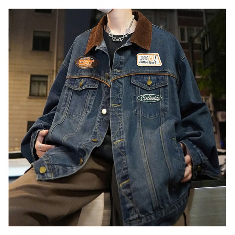 春季新款美式复古牛仔外套男机车潮牌翻领夹克宽松上衣JK1099-P85,男装工装外套,星座1103-3