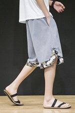 2025春季风新款原创拼接腾云野鹤盘扣休闲短裤灰色DK91-P45，男装牛仔裤，电商B277A（原A068）