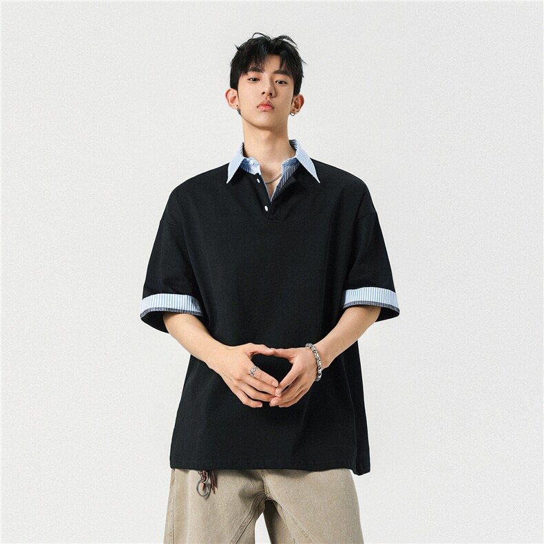 25夏装新品假两件衬衫领短袖T恤POLO衫翻领上衣男H1077特P38,男装T恤,电商A341