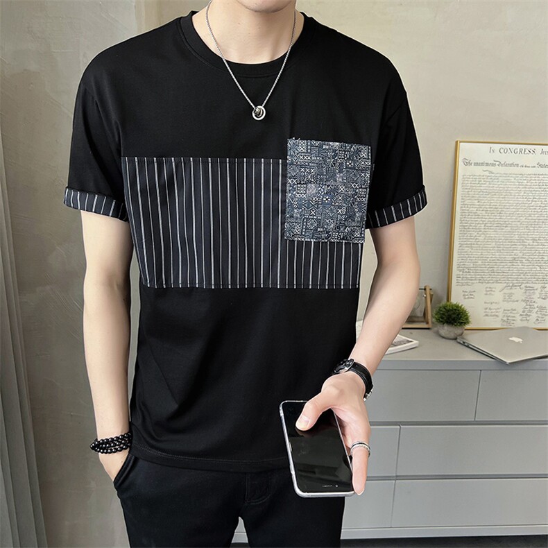 B353 326 P48 黑色店主风2023年夏季新款拼色印花男短袖上衣T恤图片