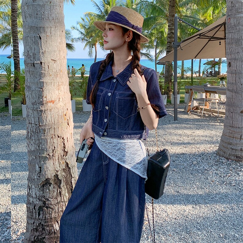 超火休闲穿搭短袖配阔腿裤牛仔套装女夏2025独特绝美松弛感两件套,女装套装/套裙,2C085