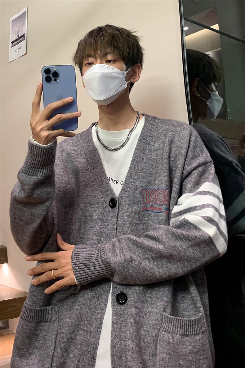港风秋款字母印花开衫V领四条杠毛衣M351P65控88,男装针织衫/毛衣,电商A247