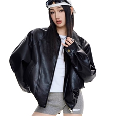 W10473-P73网图现货黑色翻领pu皮衣外套宽松机车服拉链短款夹克，男装皮衣，星座1608