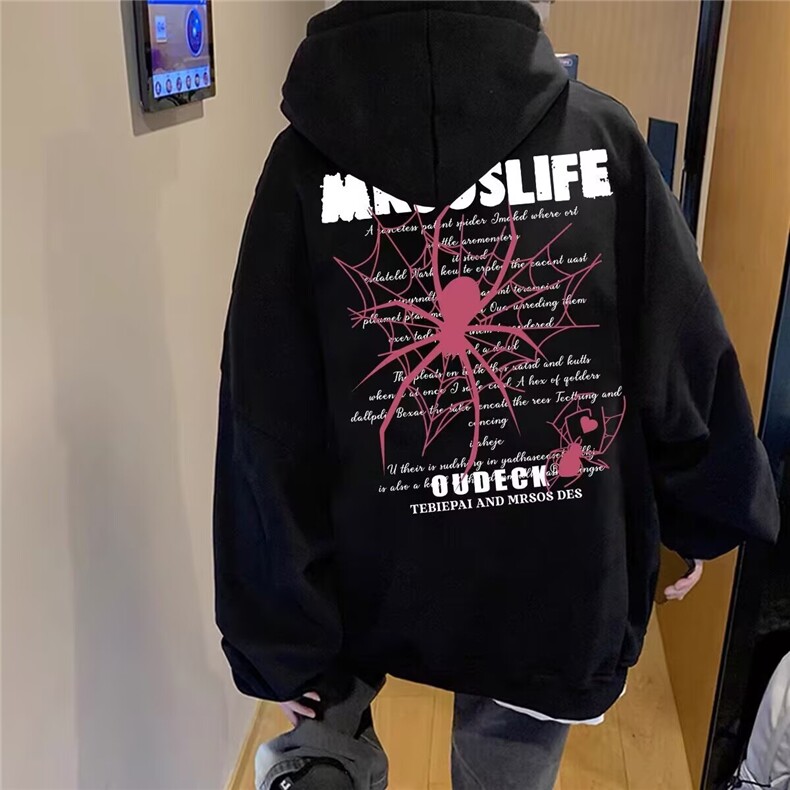 情侣美式hiphop潮牌蜘蛛印花连帽卫衣女秋冬新款加绒加厚宽松外套,女装短外套,星座506A