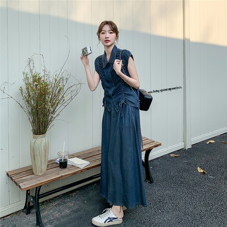 韩系抽皱马甲牛仔套装2025新款女春夏酷飒拽姐高级感半身裙一整套,女装套装/套裙,2C210