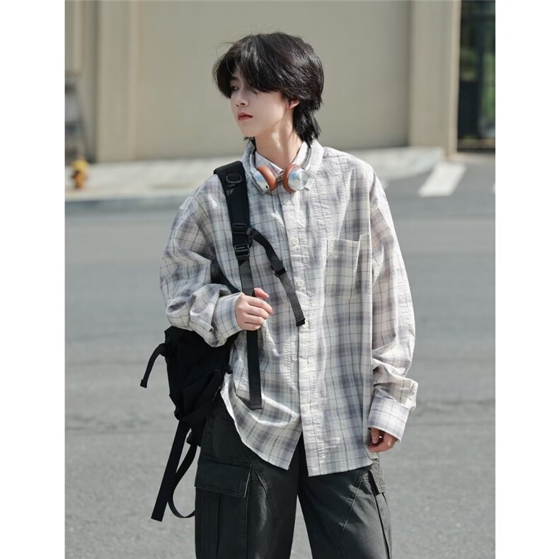 痞帅新款格子衬衫男士长袖衬衣薄款防晒外套韩版潮流宽松帅气,男装防晒衣,星座302B