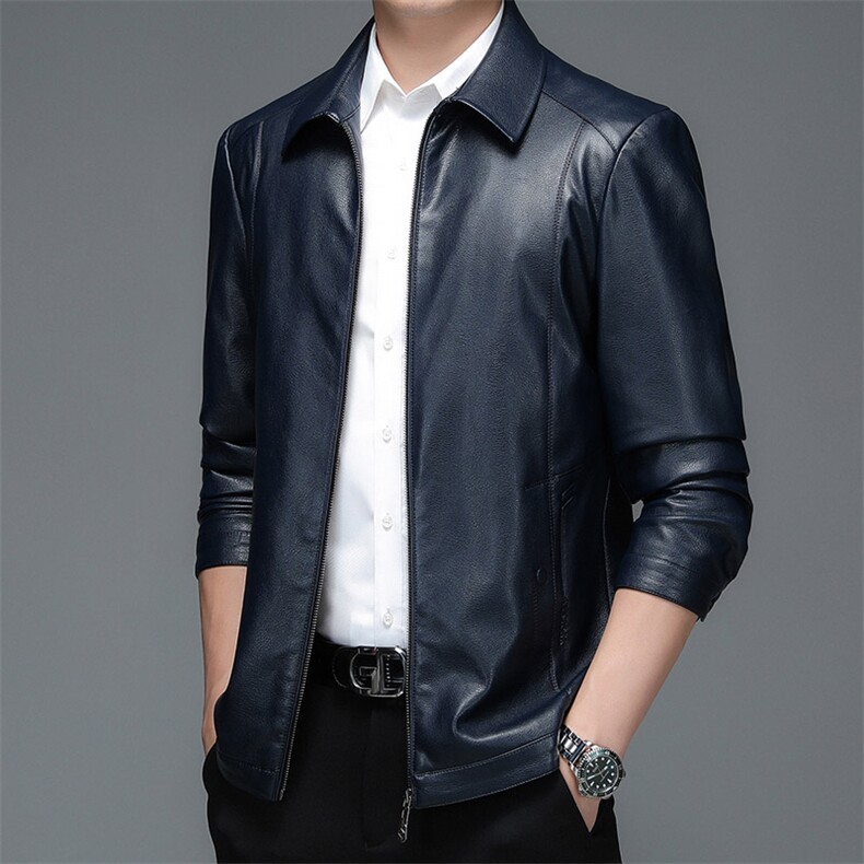 2023秋季新款男士翻领纯色PU皮皮衣中年商务休闲男装时尚外套，男装皮衣，电商B212（原钱塘6029）