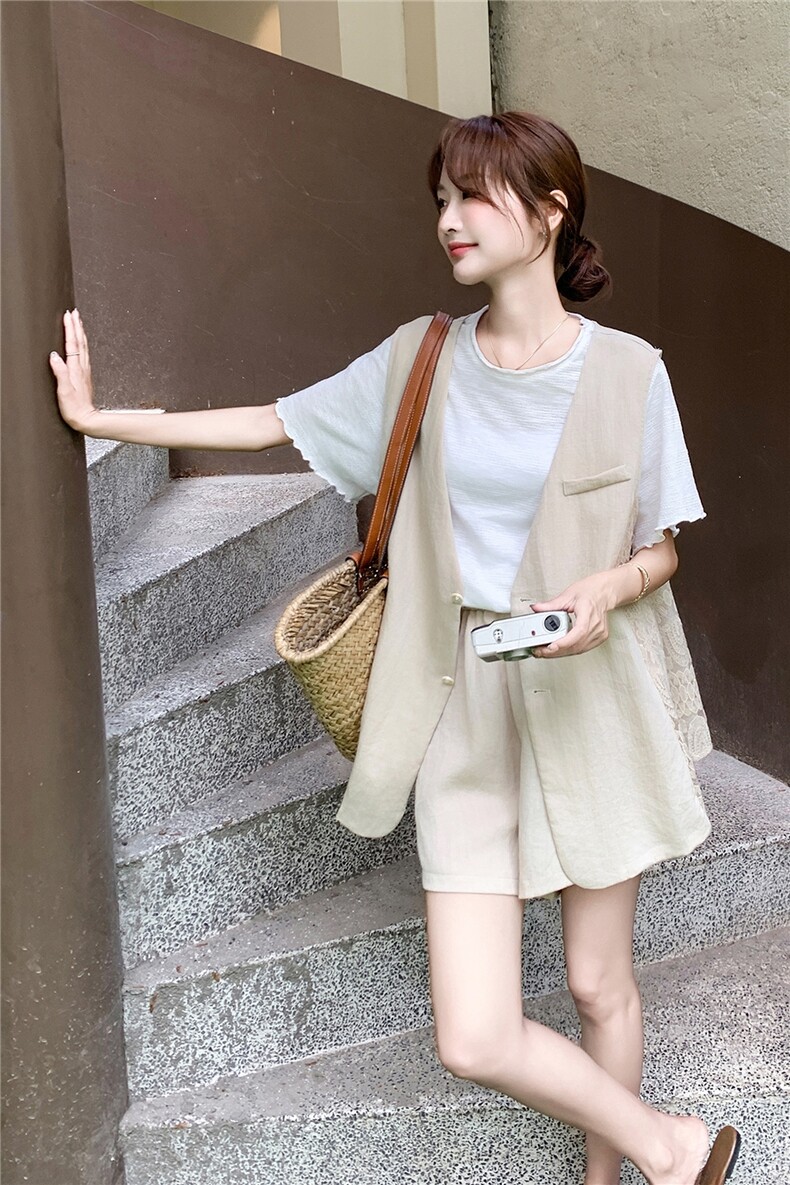 休闲蕾丝西装马甲短裤套装女夏新款小个子轻薄三件套爆款显瘦流行,女装套装/套裙,2B237