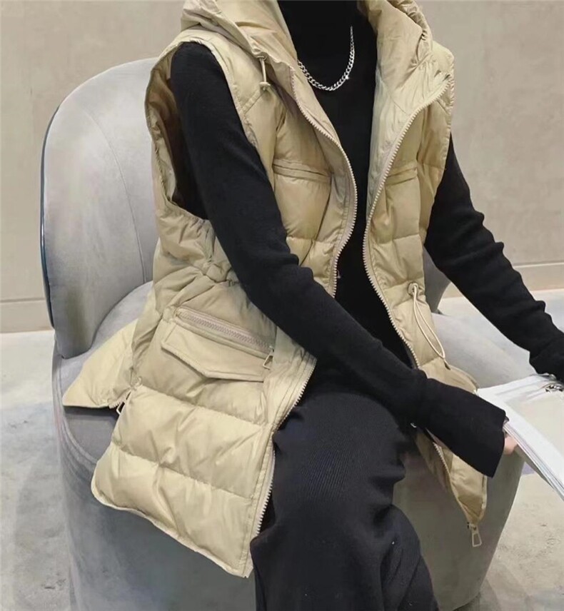 无袖连帽羽绒马甲，女装马甲，兜火