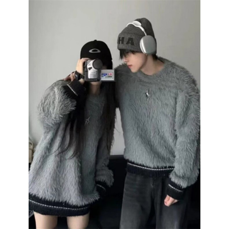新款日系慵懒撞色水貂绒套头毛衣女秋季新款韩版宽松加厚针织衫,男装针织衫/毛衣,星座506A