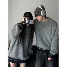 新款日系慵懒撞色水貂绒套头毛衣女秋季新款韩版宽松加厚针织衫，男装针织衫/毛衣，星座506A