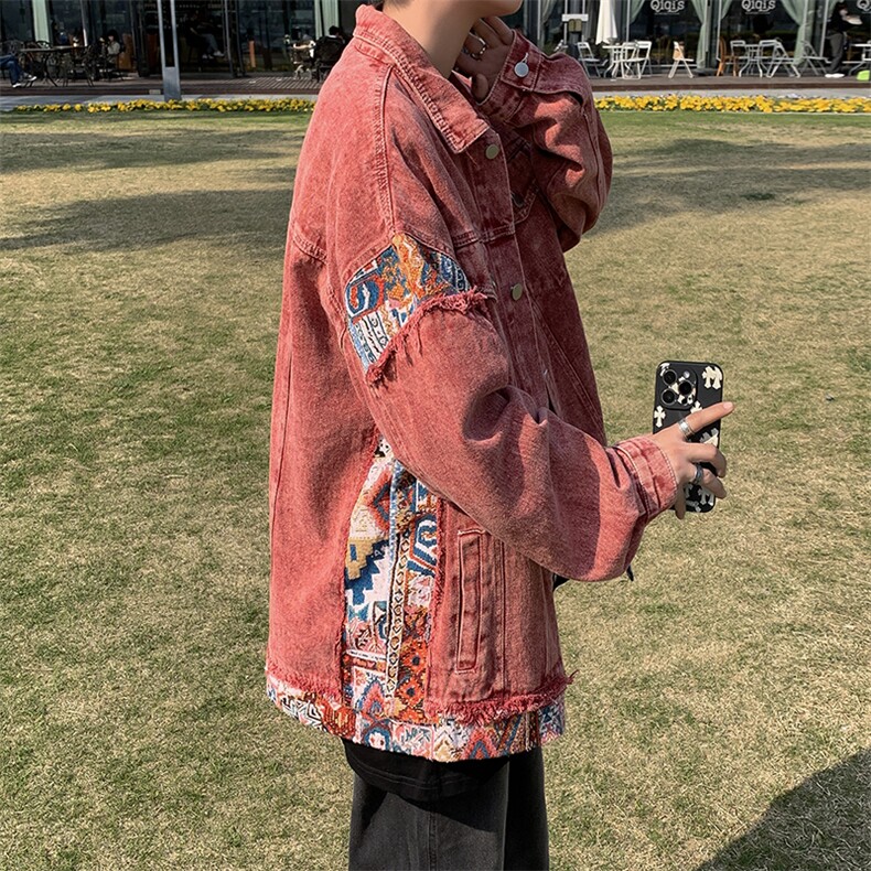 美式复古粉色水洗拼接牛仔外套男女古着情侣棒球服,女装职业装,星座410-7