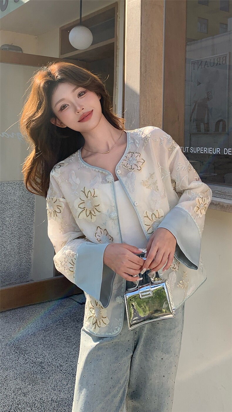 新中式提花刺绣欧根纱防晒外套女2025春夏新款高端洋气设计感开衫,女装短外套,浙宝208A