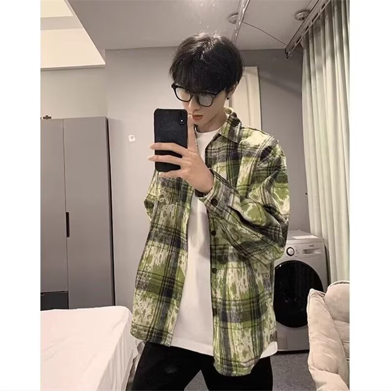 新款扎染格子衬衫美式复古长袖衬衣cleanfit情侣潮外套CS3039,男装衬衫,星座516A