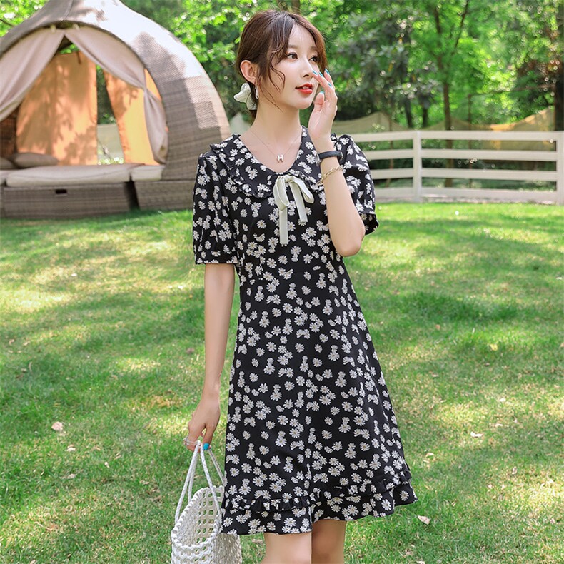 小雏菊碎花雪纺连衣裙女2021年夏季新款韩版修身,女装连衣裙,寒都衣屋