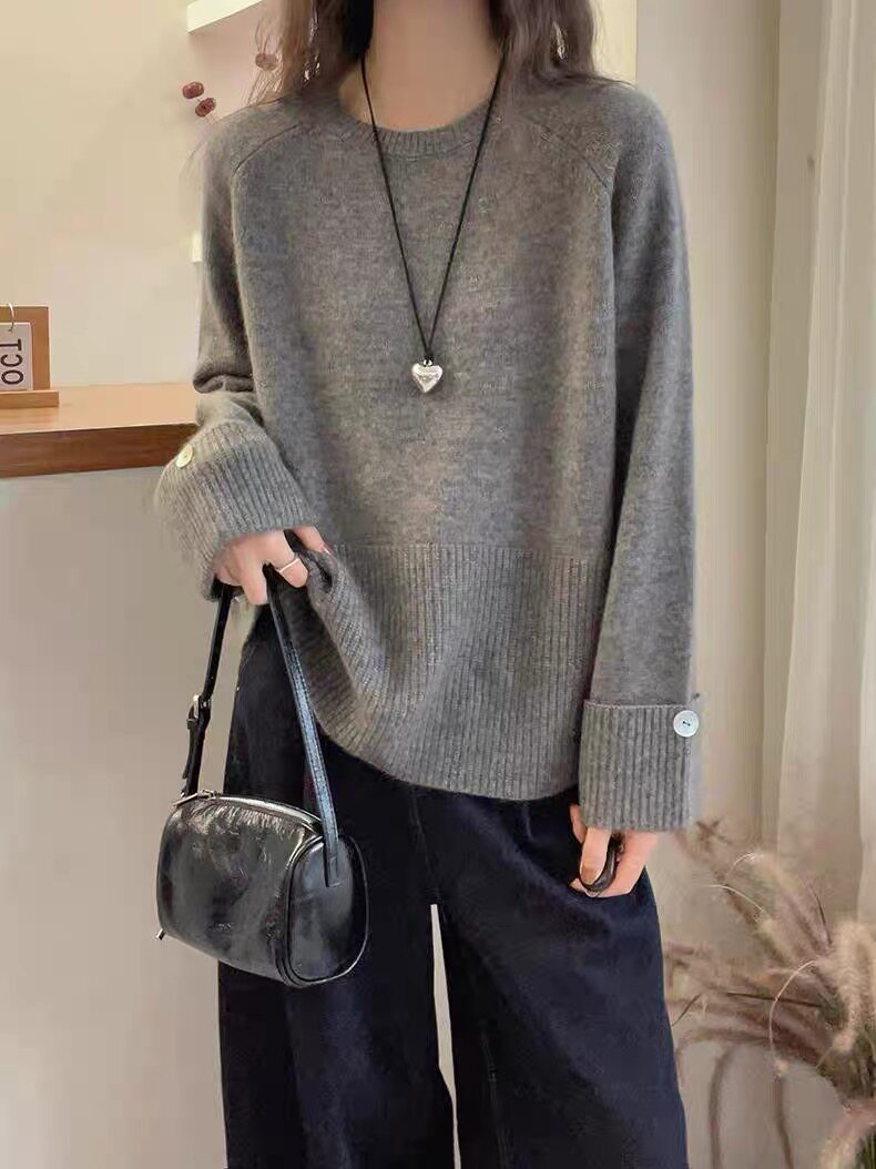 秋冬宽松慵懒风100%纯羊毛衫女圆领纽扣加厚针织毛衣宽松羊绒打底,女装羊毛衫,千御纺羊绒