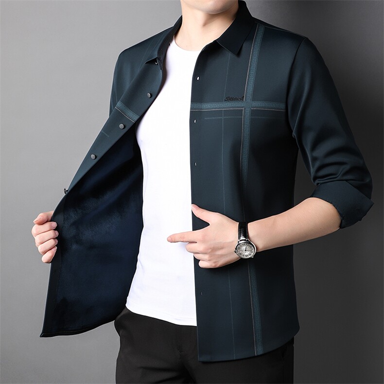 LM1058男士2023年秋冬款加绒加厚长袖衬衫商务休闲修身衬衣P88,男装衬衫,电商B360