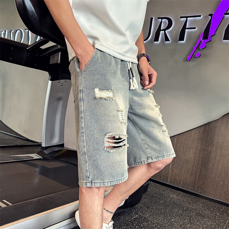 2025新款夏季水洗牛仔短裤男士破洞印花休闲五分裤潮男901N28P38,男装牛仔裤,星座901