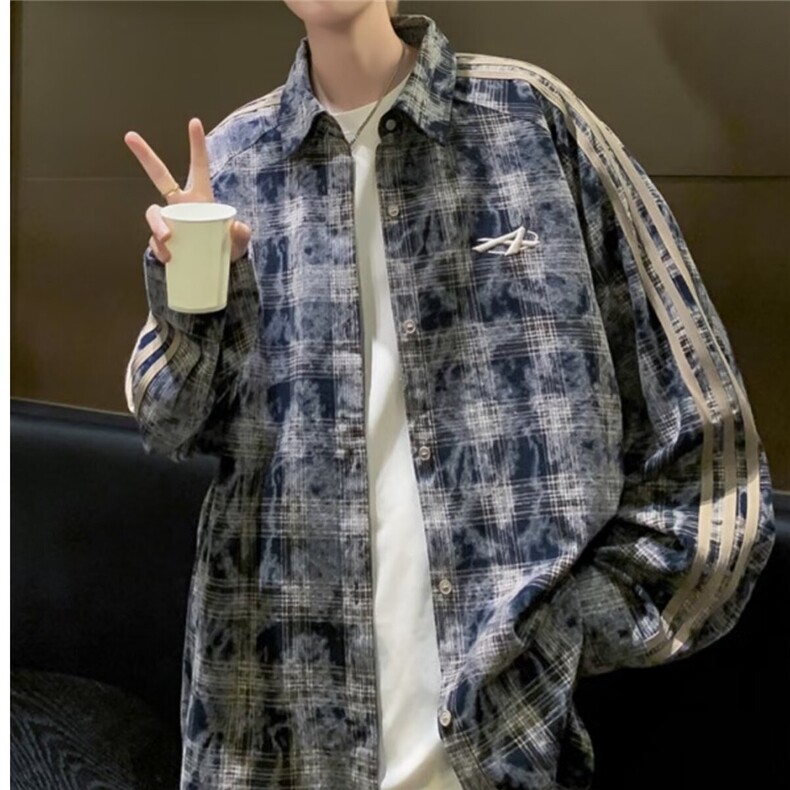 C331-P43美式高街扎染长袖衬衫男春秋季vibe潮牌休闲格纹宽,男装衬衫,电商B323A