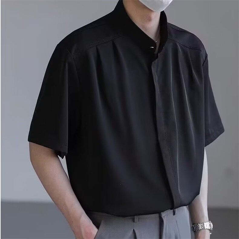 新中式立领男士衬衫短袖夏季冰丝痞帅高级感男装五分中袖无领衬衣,男装T恤,星座506A
