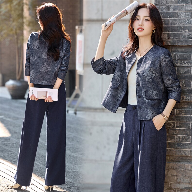小香风通勤气质套装女2025秋季新款洋气百搭印花短外套阔腿两件套，女装套装/套裙，芭米依尚