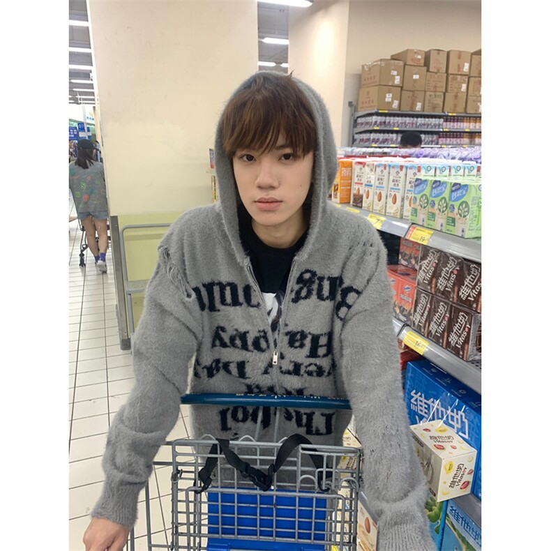 慵懒复古高街破洞连帽针织开衫男女毛衣宽松拉链毛绒外套MY9549,男装针织衫/毛衣,星座1116A（原606A-3）