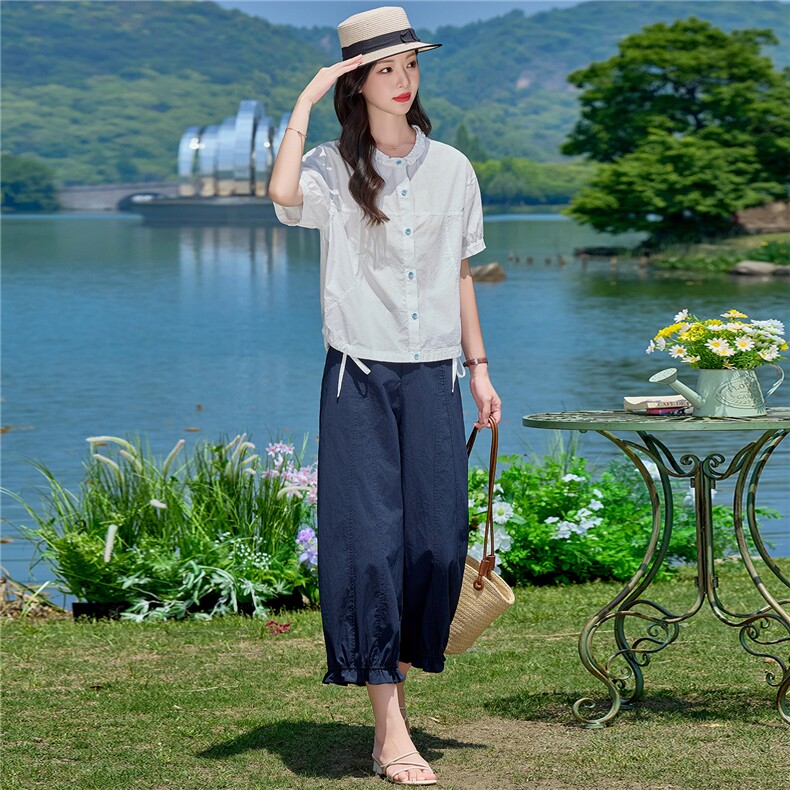 花边领夏季薄款上衣女撞色扣子透气纯棉衬衫宽松休闲松紧下摆,女装衬衫,梦懿尔